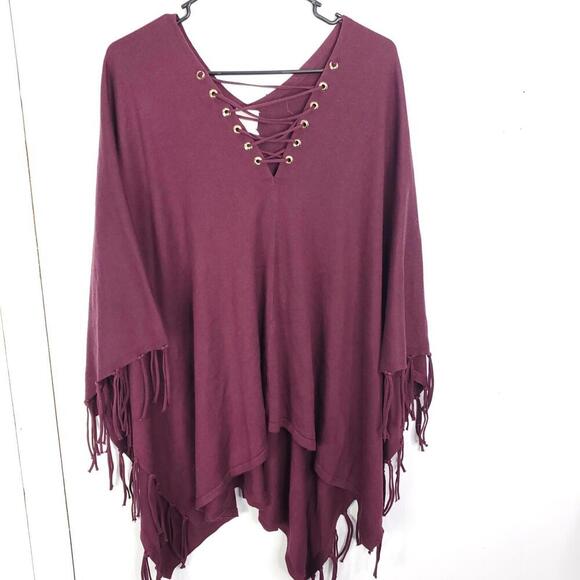 Chicos Top Womens One Size Poncho Western Fringe Burgundy Lace Up Neckline - Picture 1 of 10